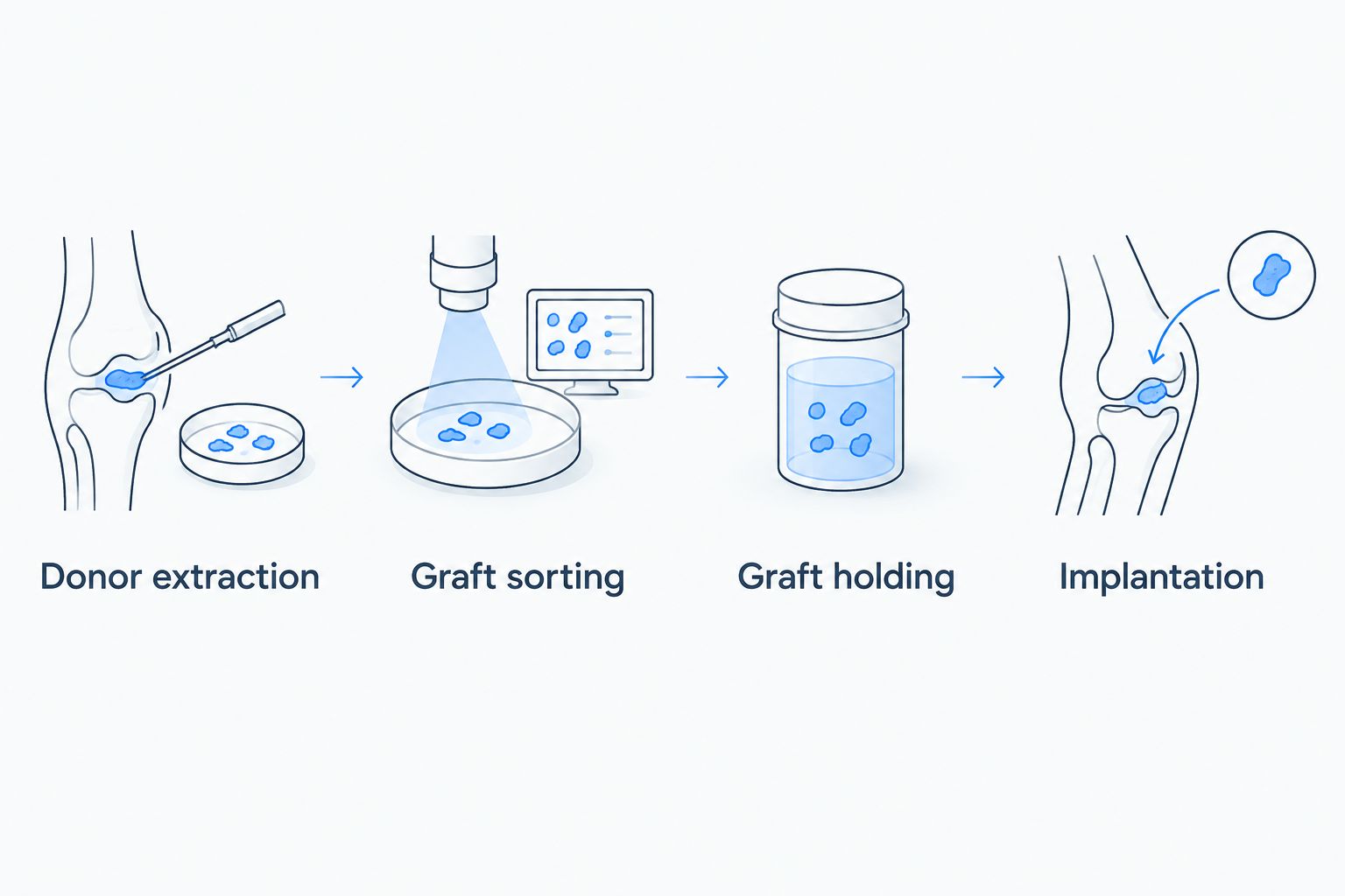 Four stages from donor graft extraction through sorting and holding to implantation