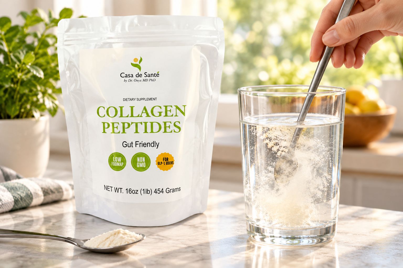 Unflavored collagen peptide container being stirred into a glass of water