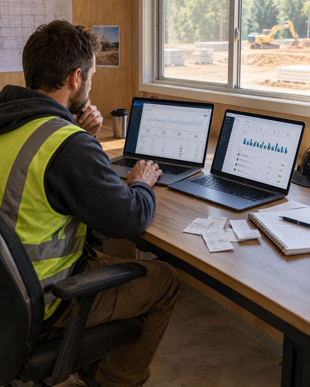 Contractor comparing competing lead platform dashboards on two laptops at a job site desk