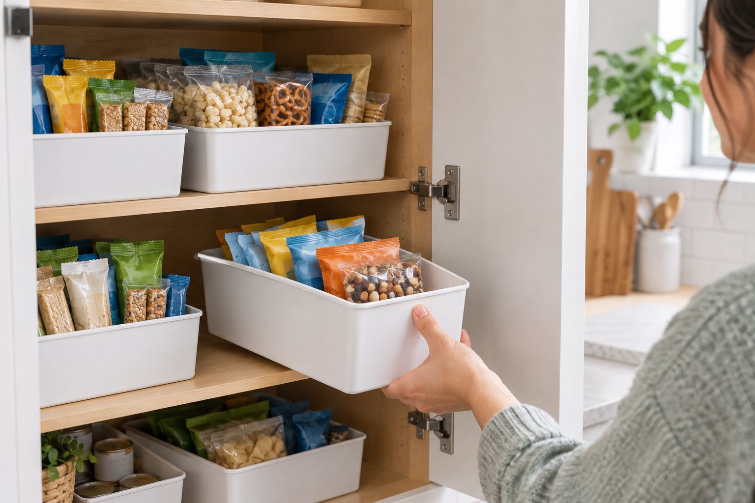 Shallow snack bins arranged with room to clear a kitchen cabinet hinge