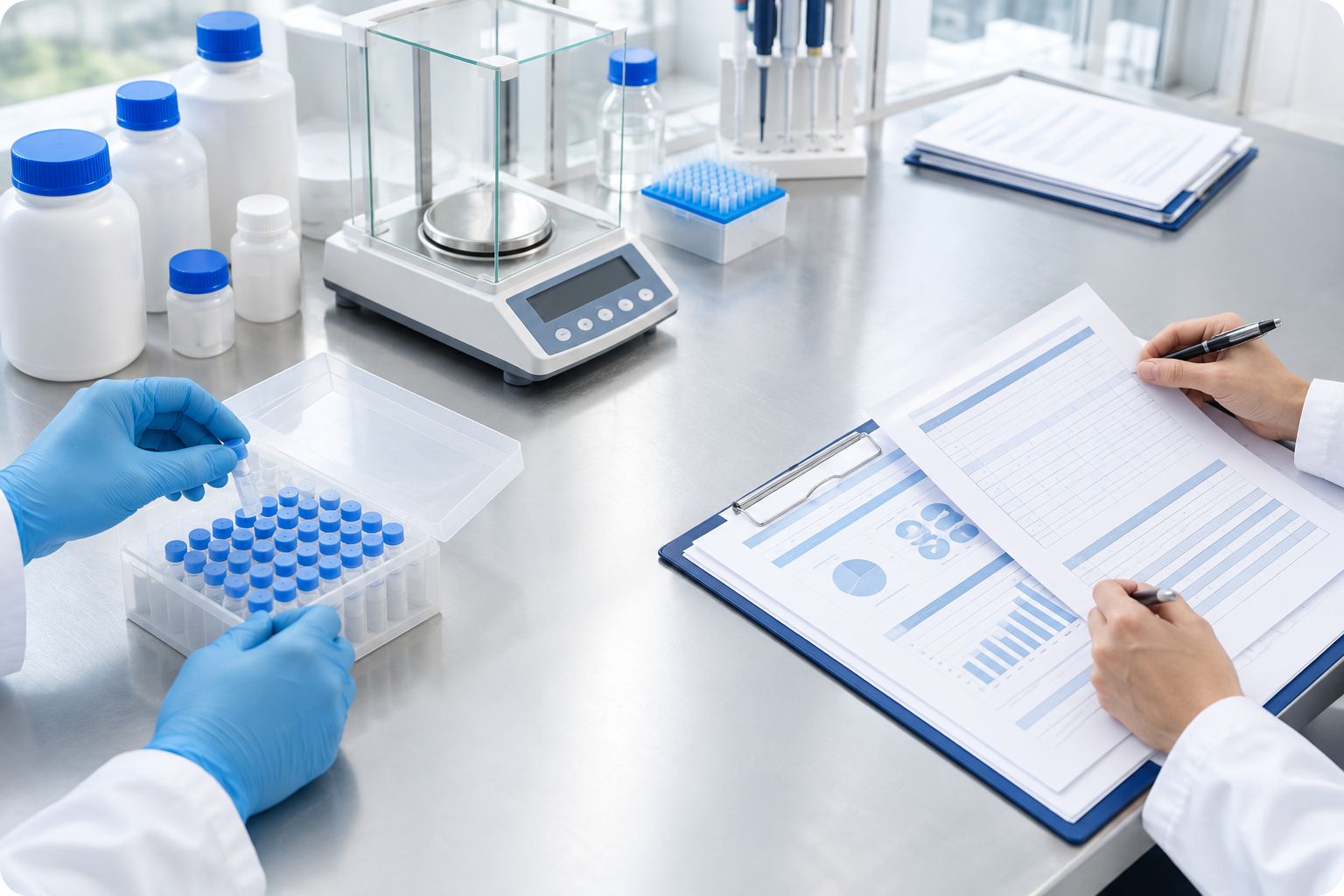 Research reagent containers beside analytical equipment and batch records