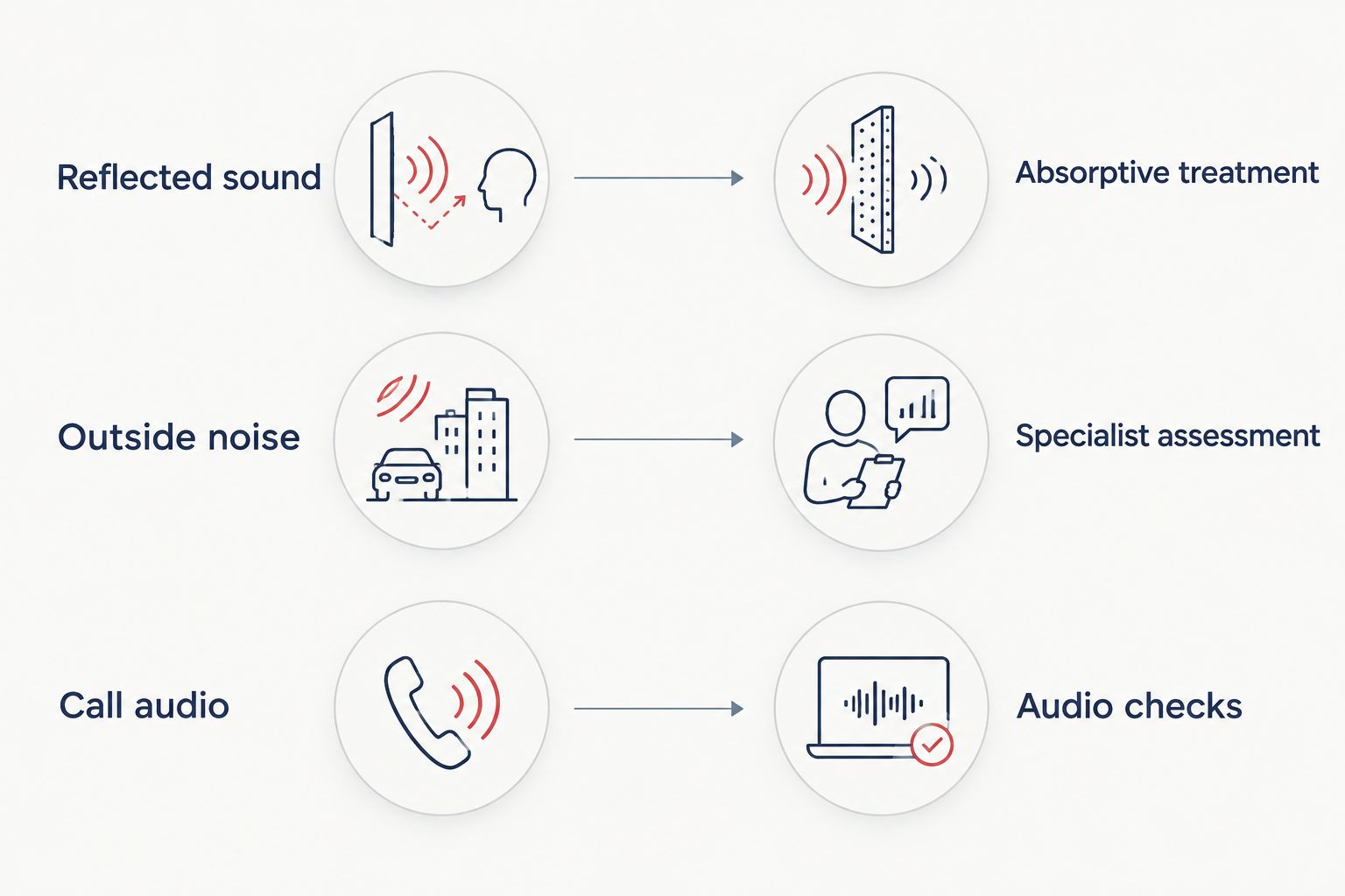 Three meeting-room noise symptoms paired with the appropriate first response