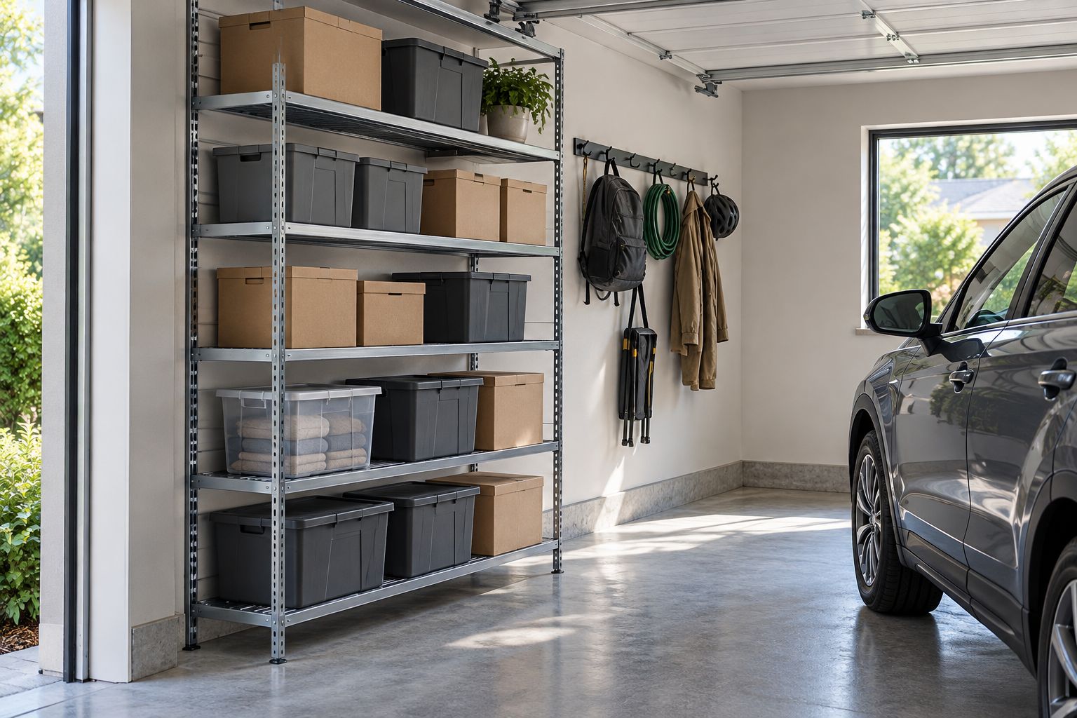 Small garage with wall shelves and hooks arranged to leave room beside a parked car