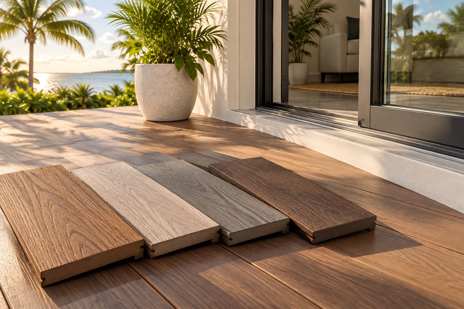 Decking samples beside a patio threshold in direct sunlight and shade