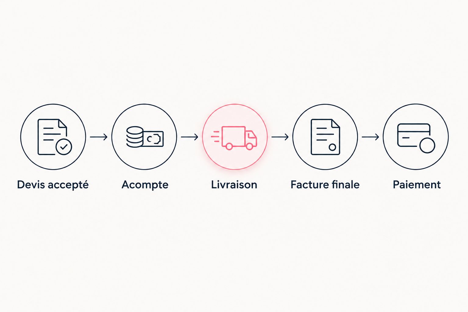Parcours d’un projet graphique, du devis accepté au suivi du paiement.