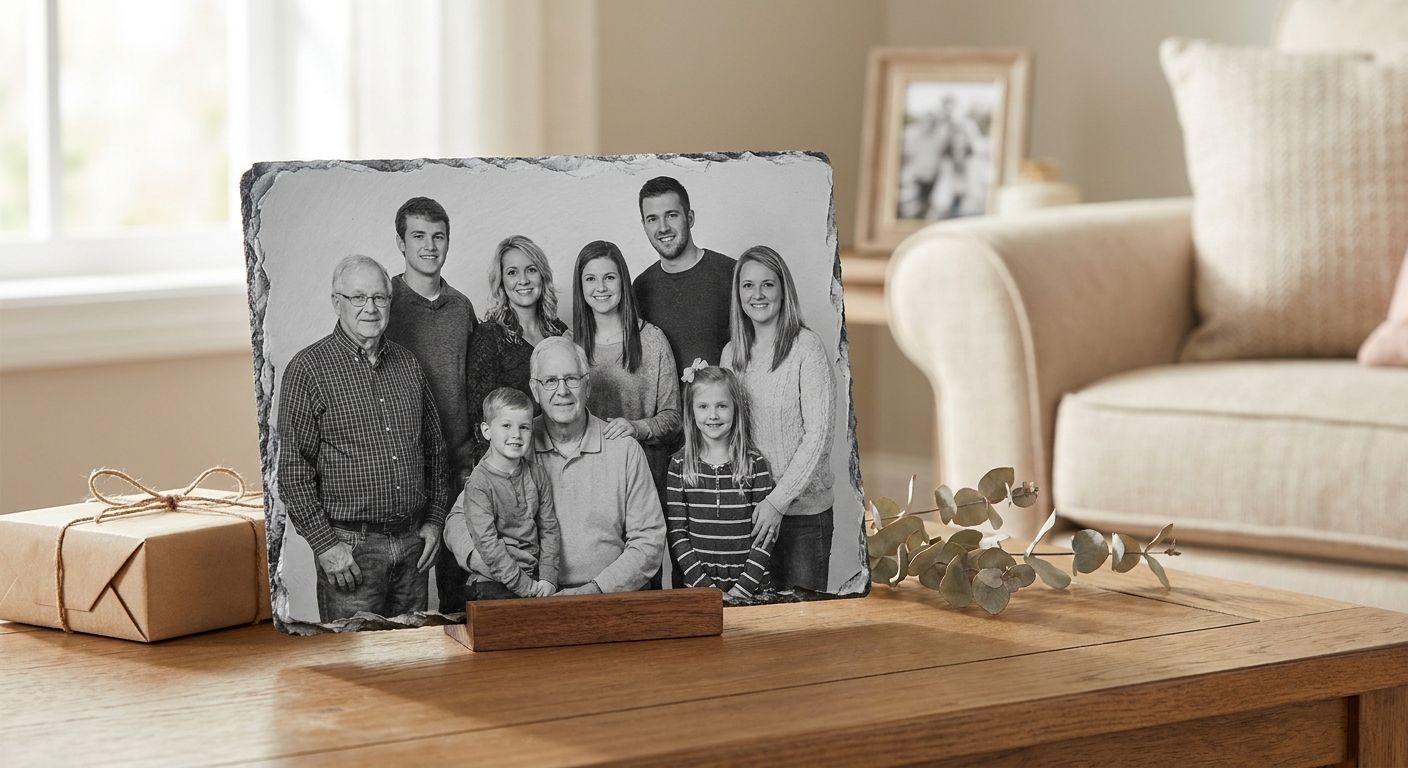 Slate photo keepsakes for multi-generation portraits