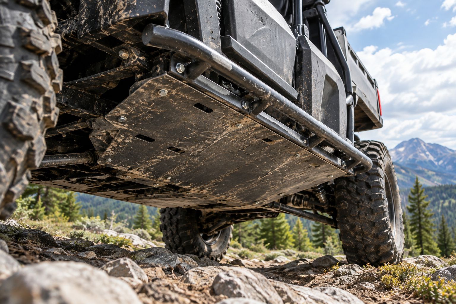 UTV underside showing skid plate and rock slider installed for trail work