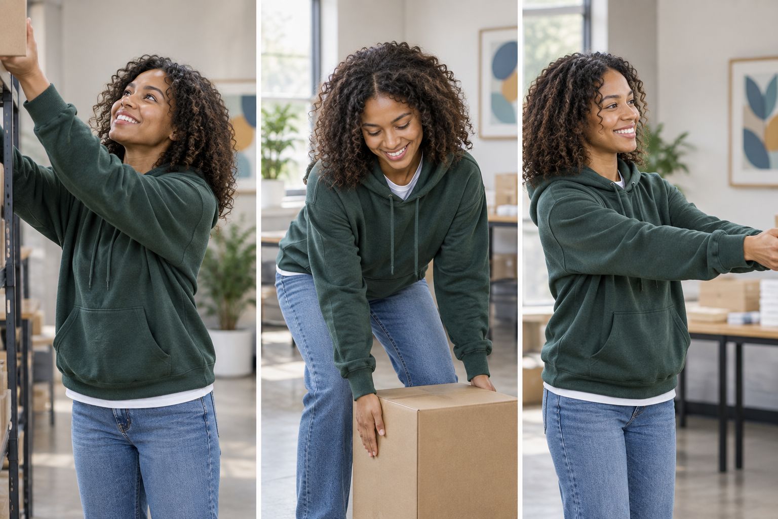 A volunteer checking hoodie fit by reaching, bending, and extending both arms.