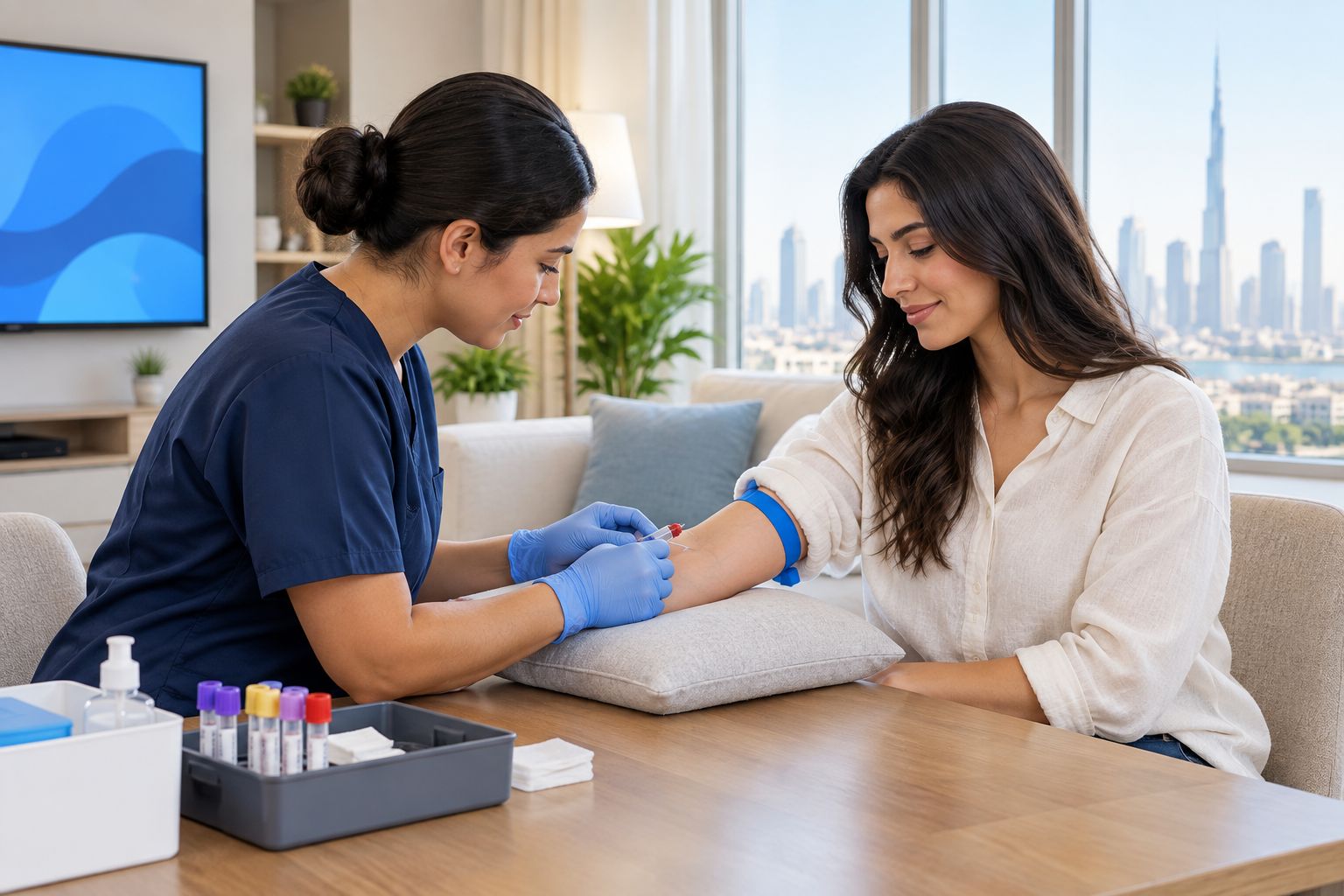 Nurse drawing blood from a patient during a home visit in Dubai