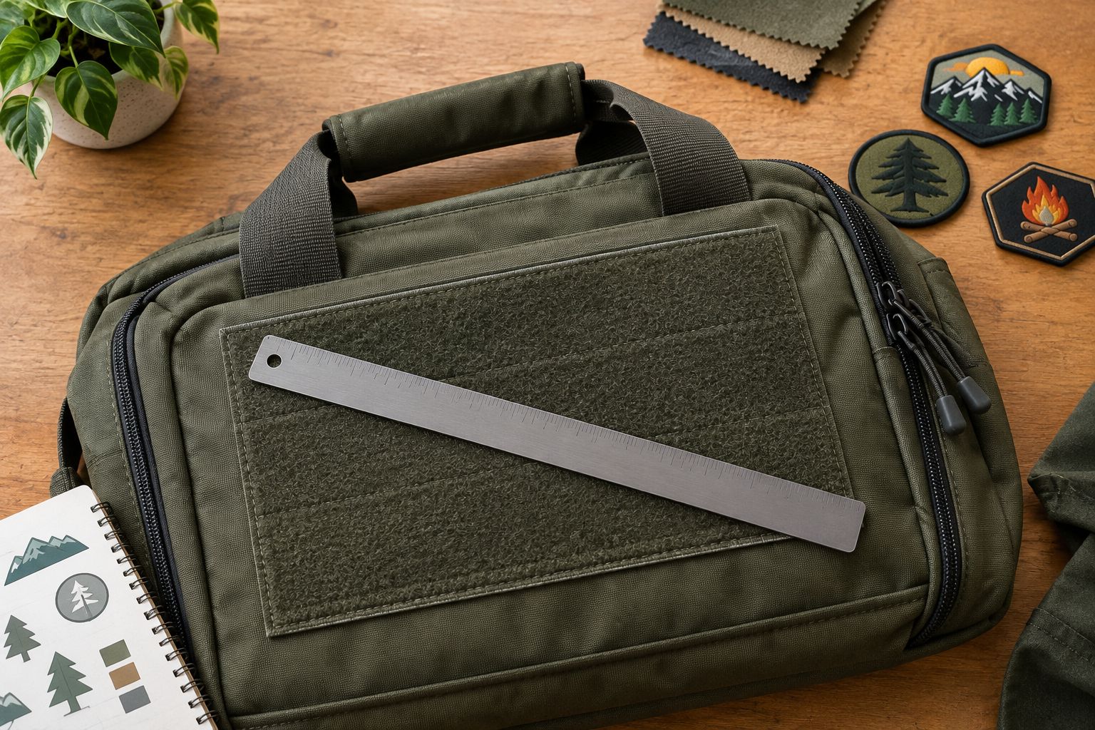 Range bag patch panel with a ruler positioned across its usable width
