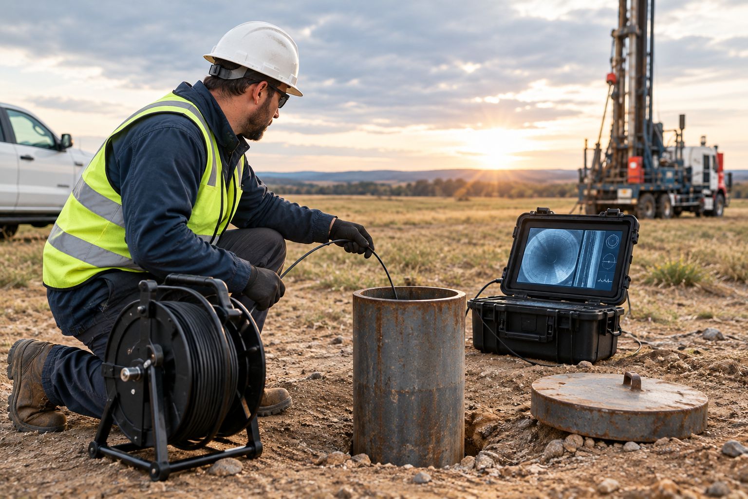 Well contractor lowering an inspection cable into a steel well casing