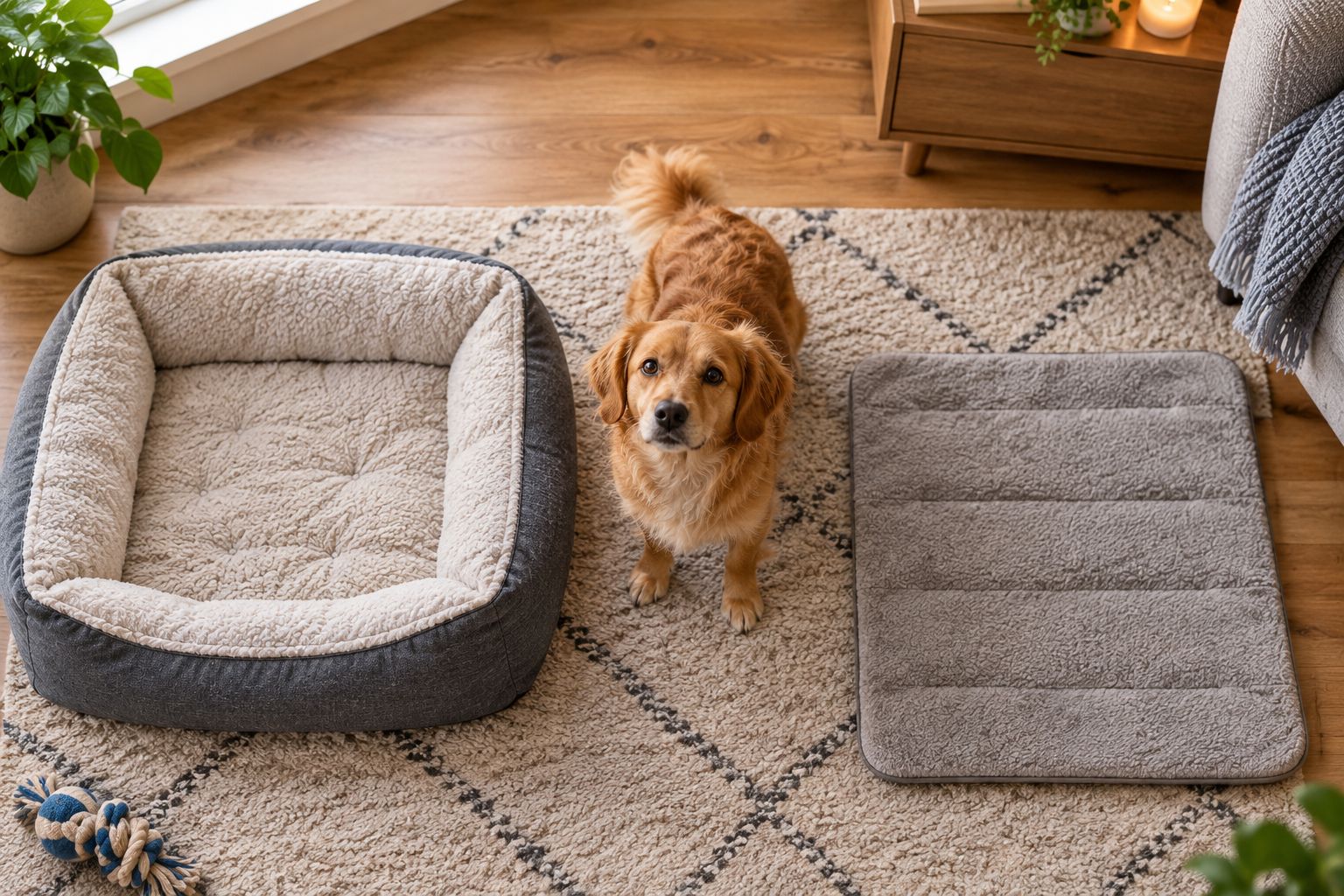 Dog sleeping area with an open route between a bed and an unheated resting mat