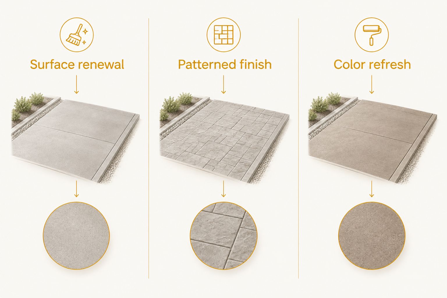 Comparison of surface renewal, patterned finishes, and color refresh for concrete driveways