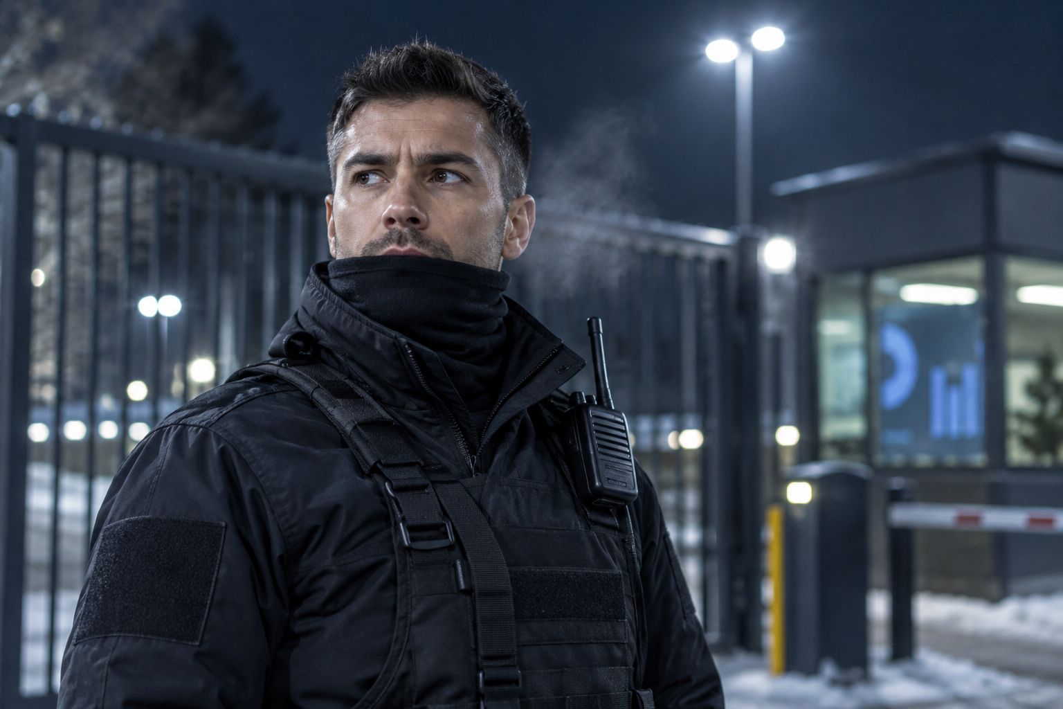 Security guard wearing a neck gaiter under a uniform collar on an overnight post