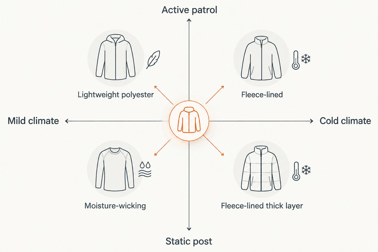 Matrix showing which neck gaiter fabric fits static versus active posts in mild versus cold climates