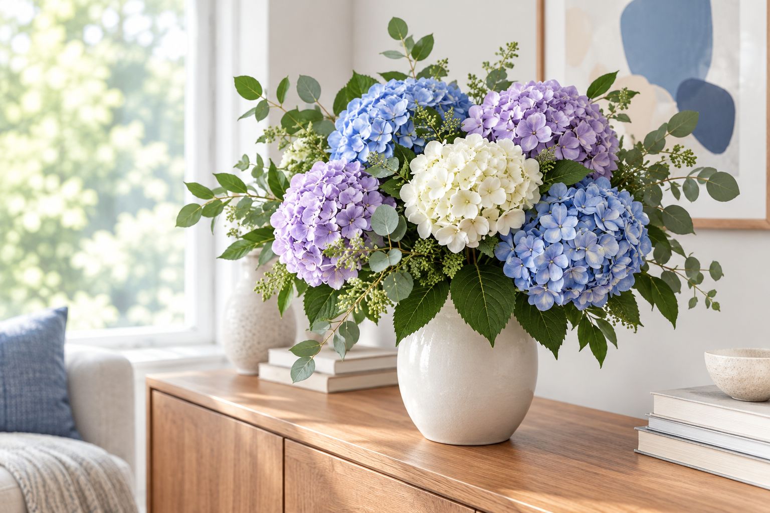 Hydrangea clusters in a vase with foliage extending the arrangement's outer outline