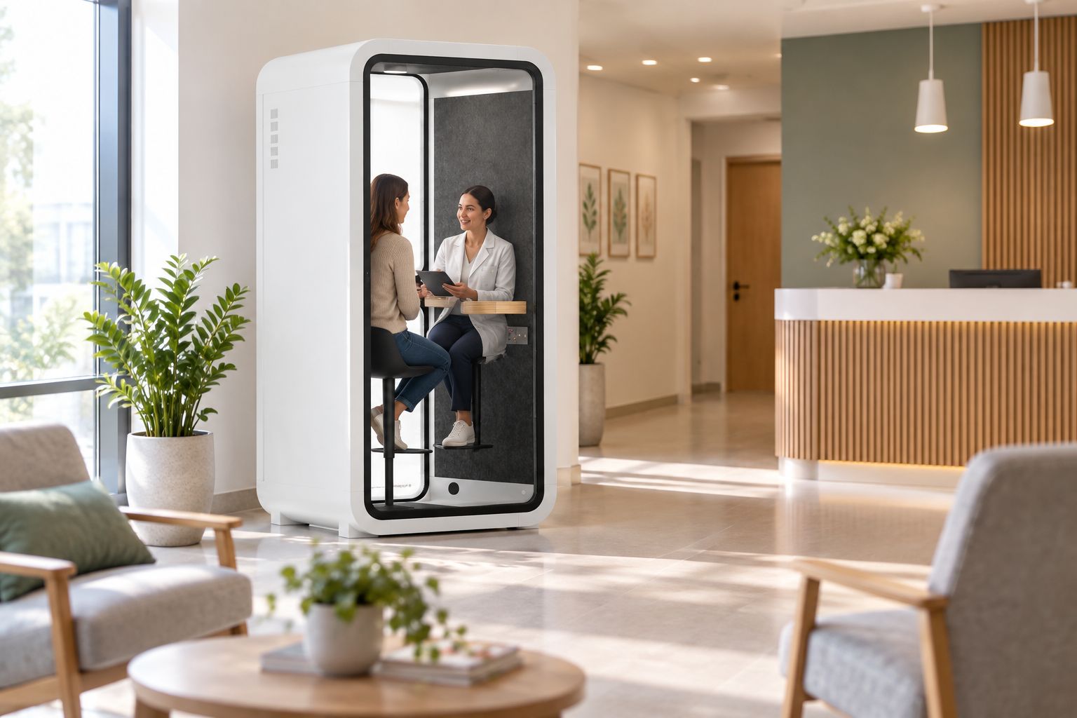 Solo office pod used for a private dietitian consultation in a clinic