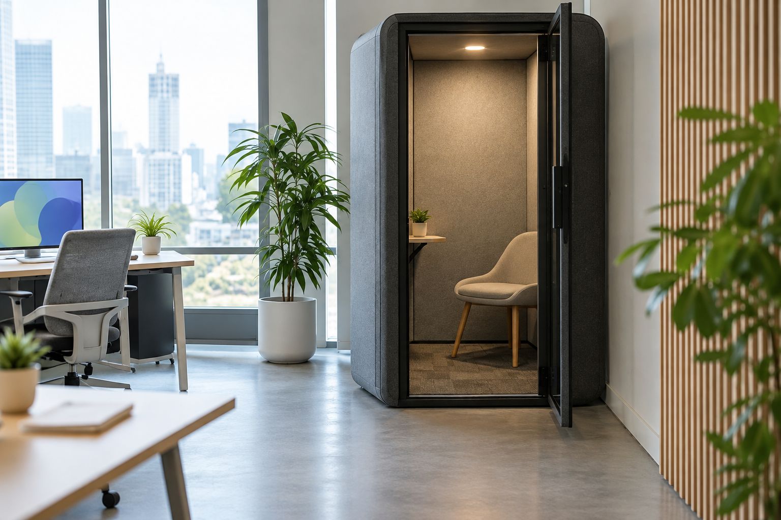 Generic workplace quiet room with an uncluttered floor area and a chair to one side