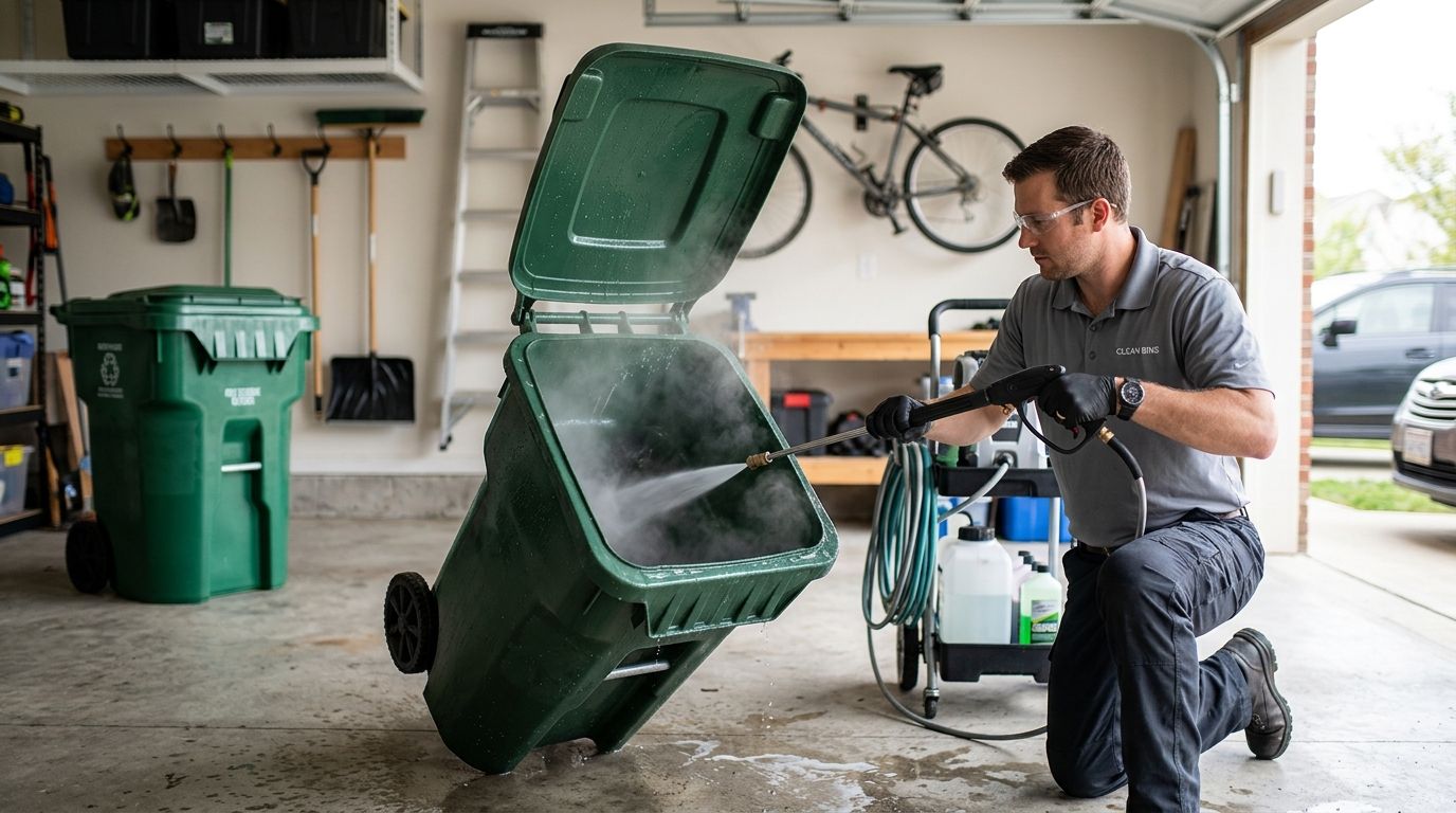 Trash bin cleaning for garage-stored trash cans