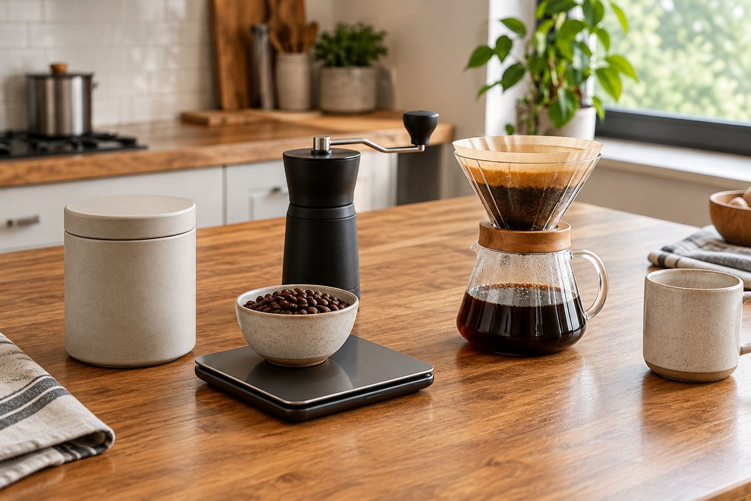 Whole coffee beans on a kitchen scale beside a closed container, grinder, and drip brewer