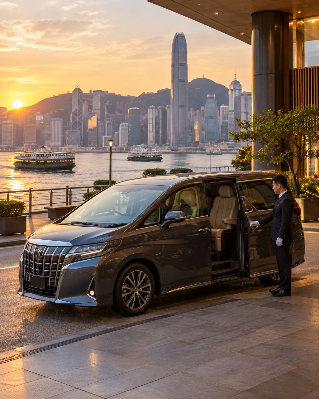 A dark grey Mayline MPV waiting at a waterfront hotel entrance in Hong Kong at golden hour before a Macau transfer