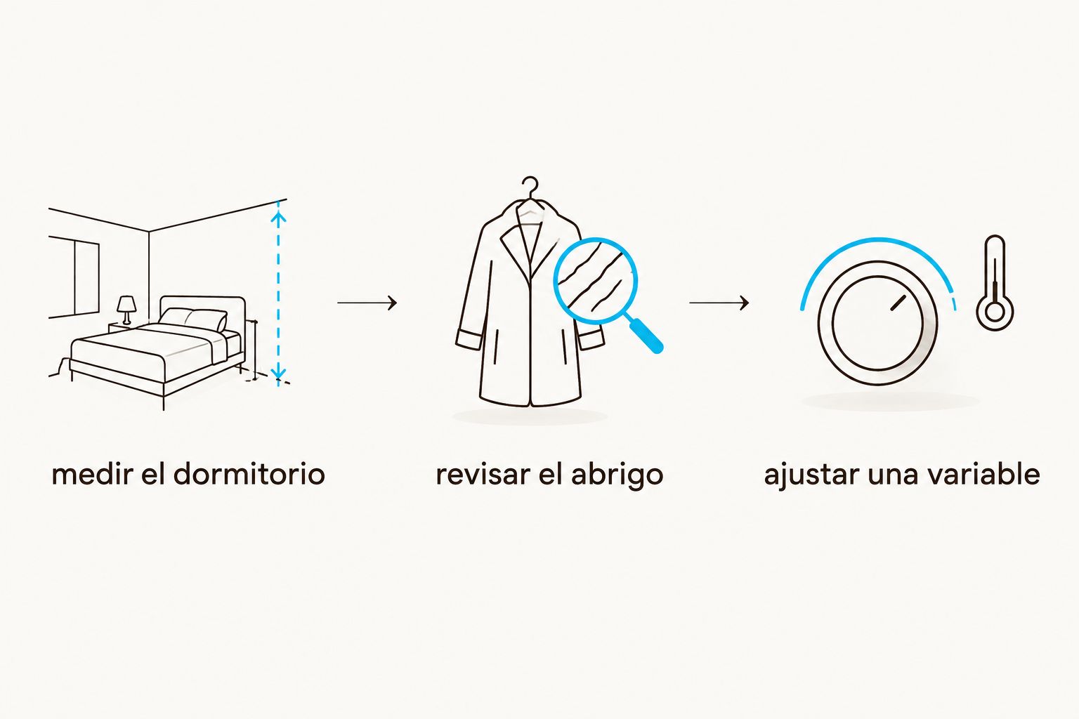 secuencia para medir el dormitorio, revisar el abrigo y ajustar una variable