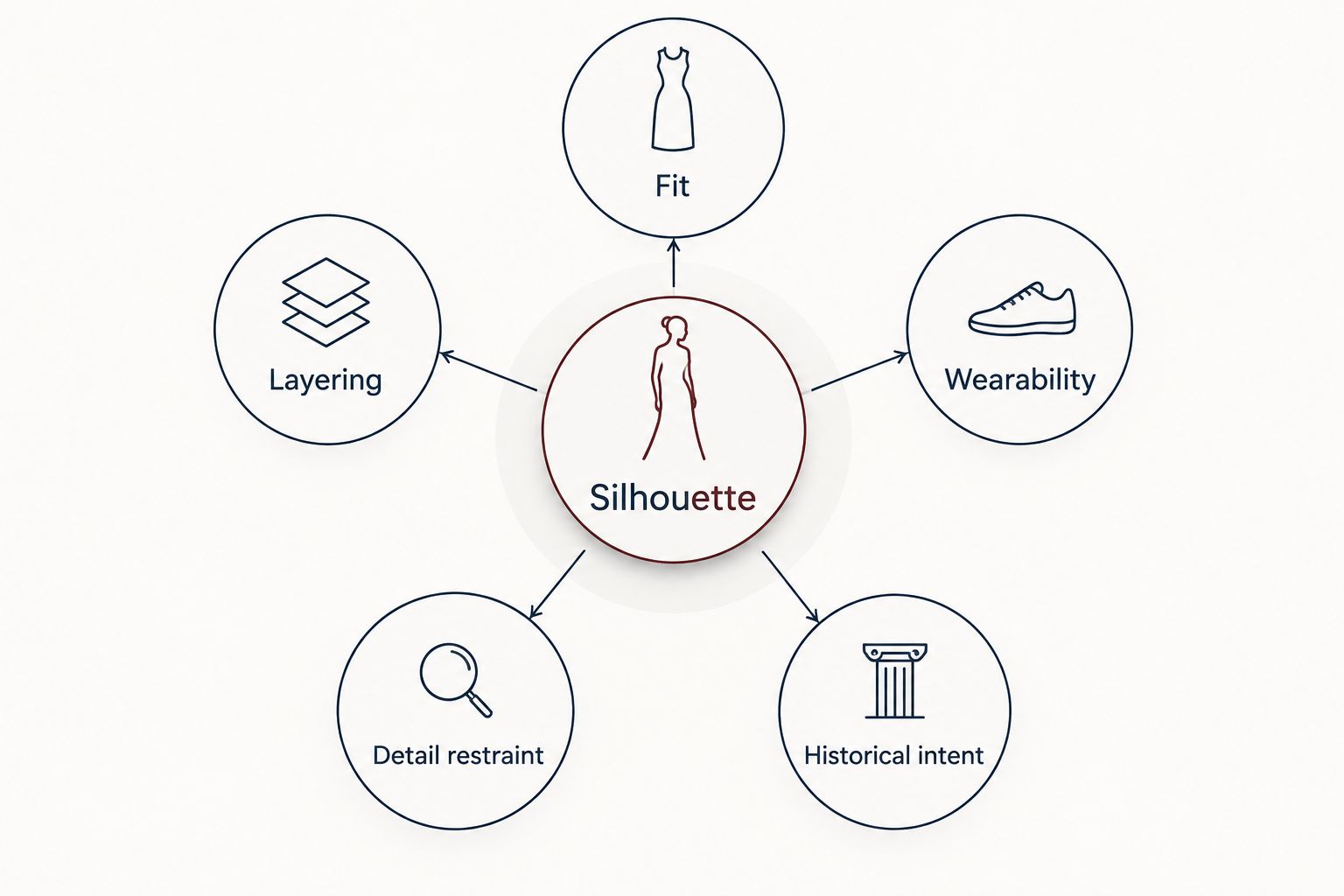 A clothing selection framework connecting silhouette with fit, layering, wearability, detail restraint and historical intent.