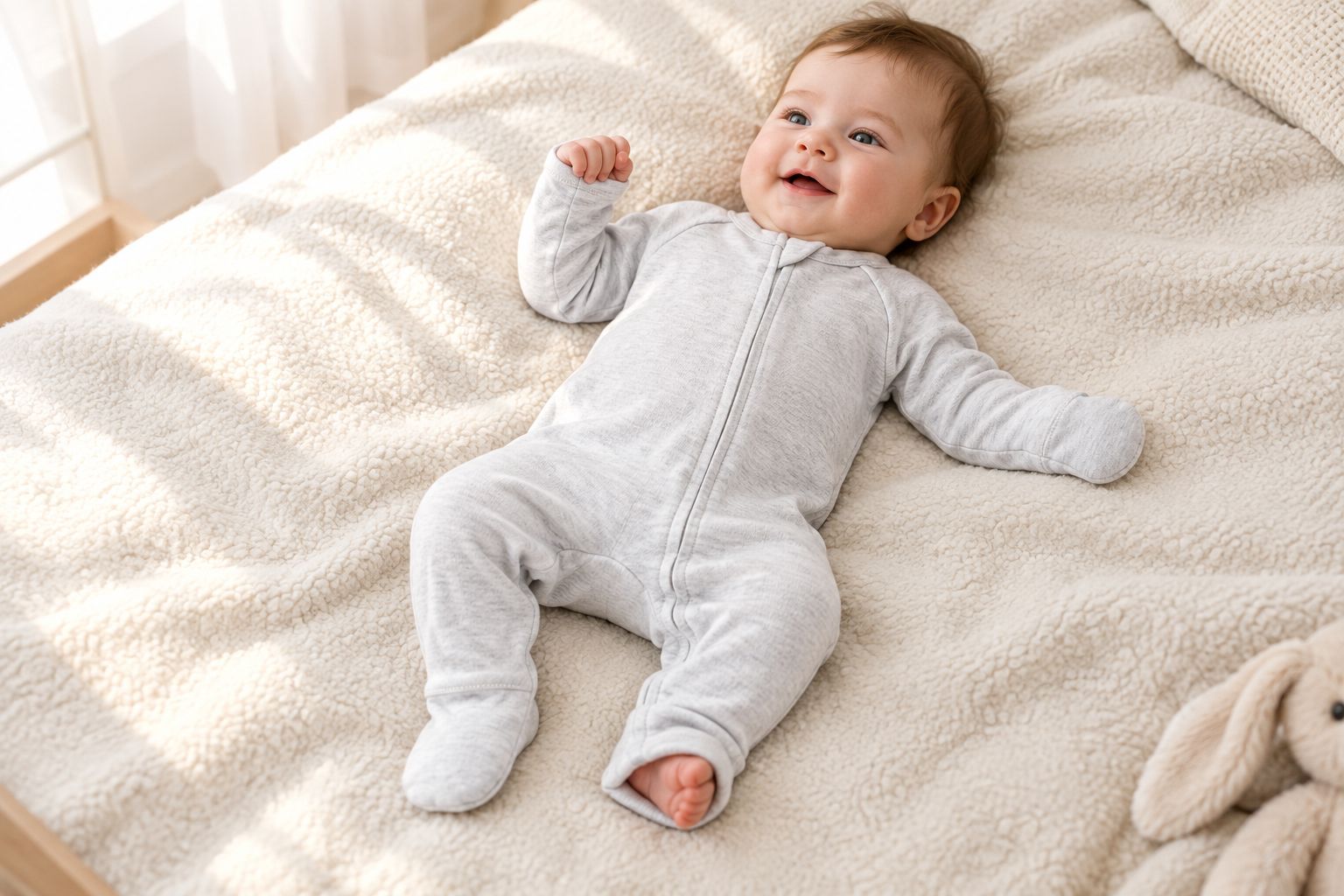 Baby wearing a Grow With You footie with the foot section open