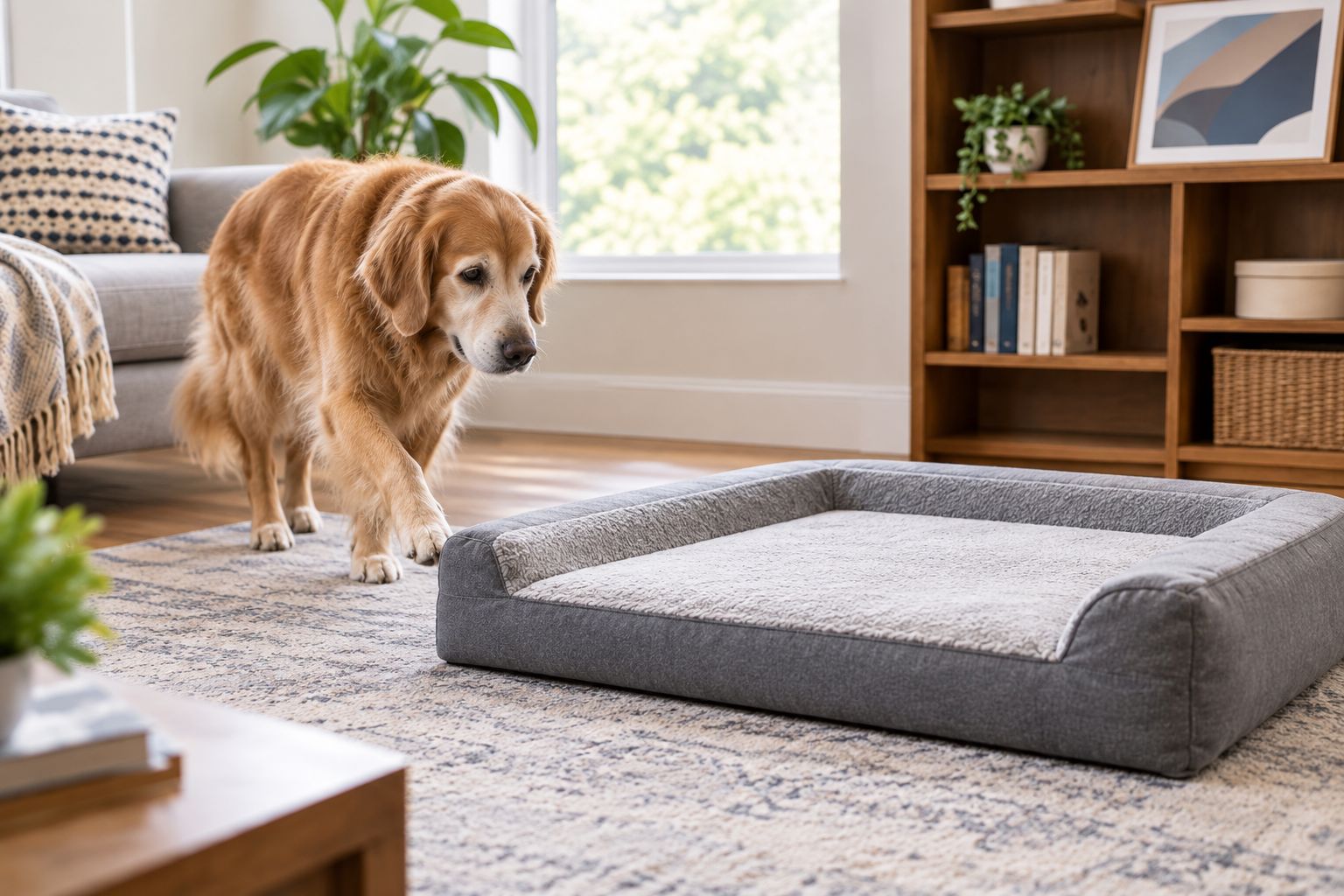 An older dog approaching a flat bed with clear space around the entry