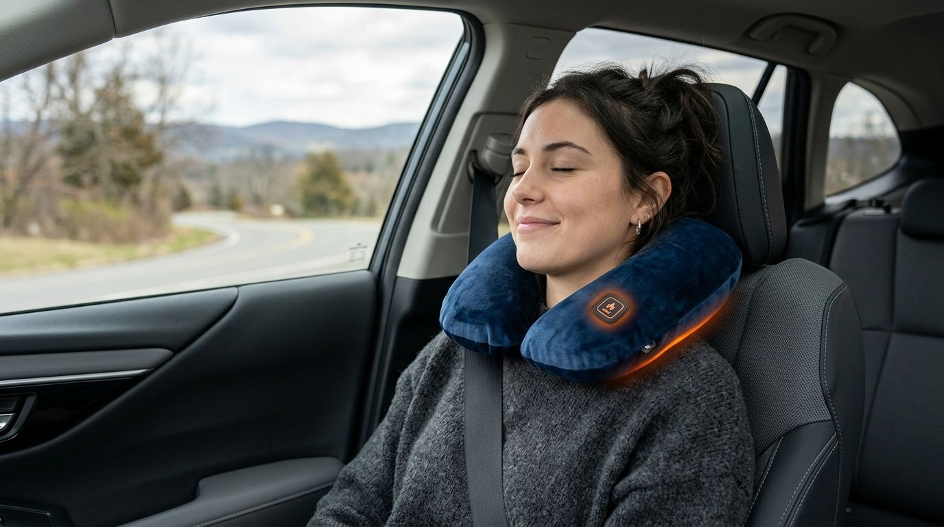 Heated neck pillow for car trips