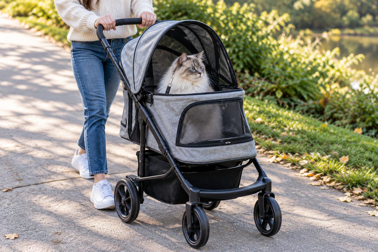 Cat riding inside a mesh-paneled pet stroller on a sidewalk