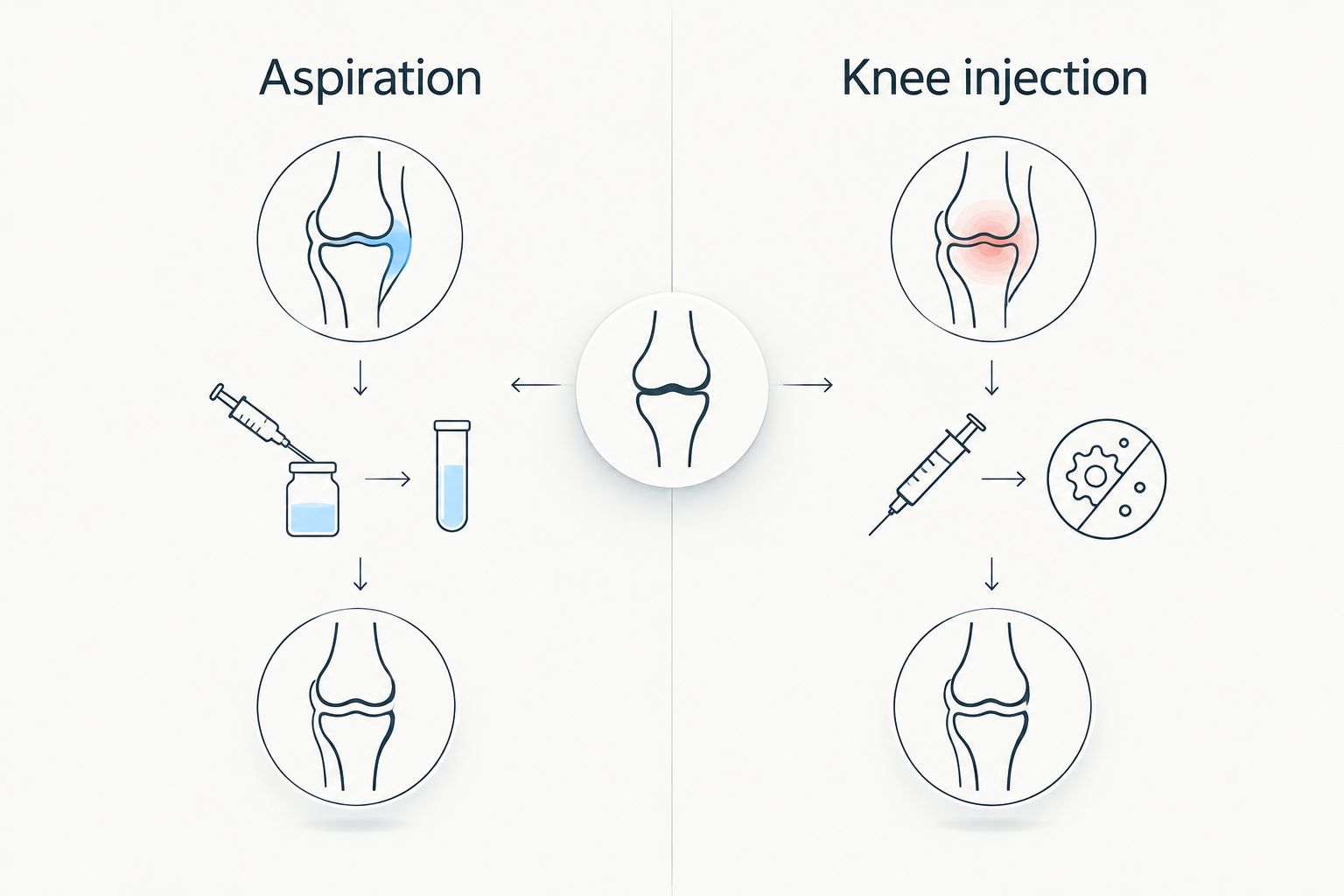 Comparison showing that aspiration removes fluid while a knee injection reduces inflammation