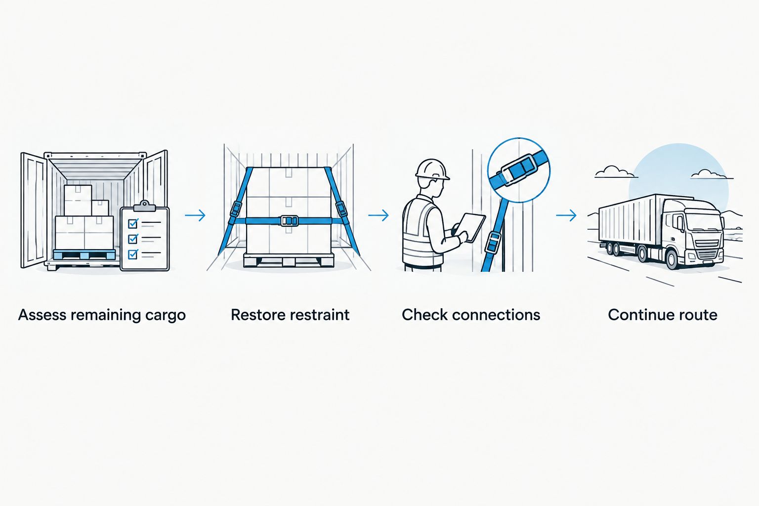Route-stop sequence from assessing remaining cargo to checking connections before continuing