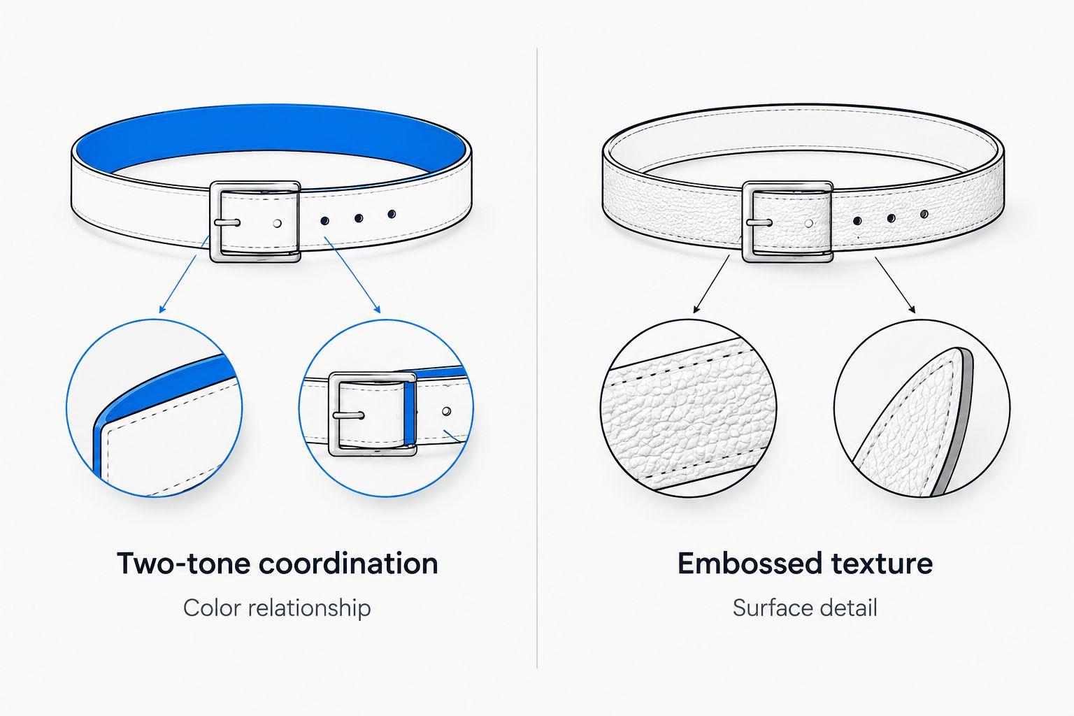 Two belt-selection paths comparing color coordination with embossed surface detail