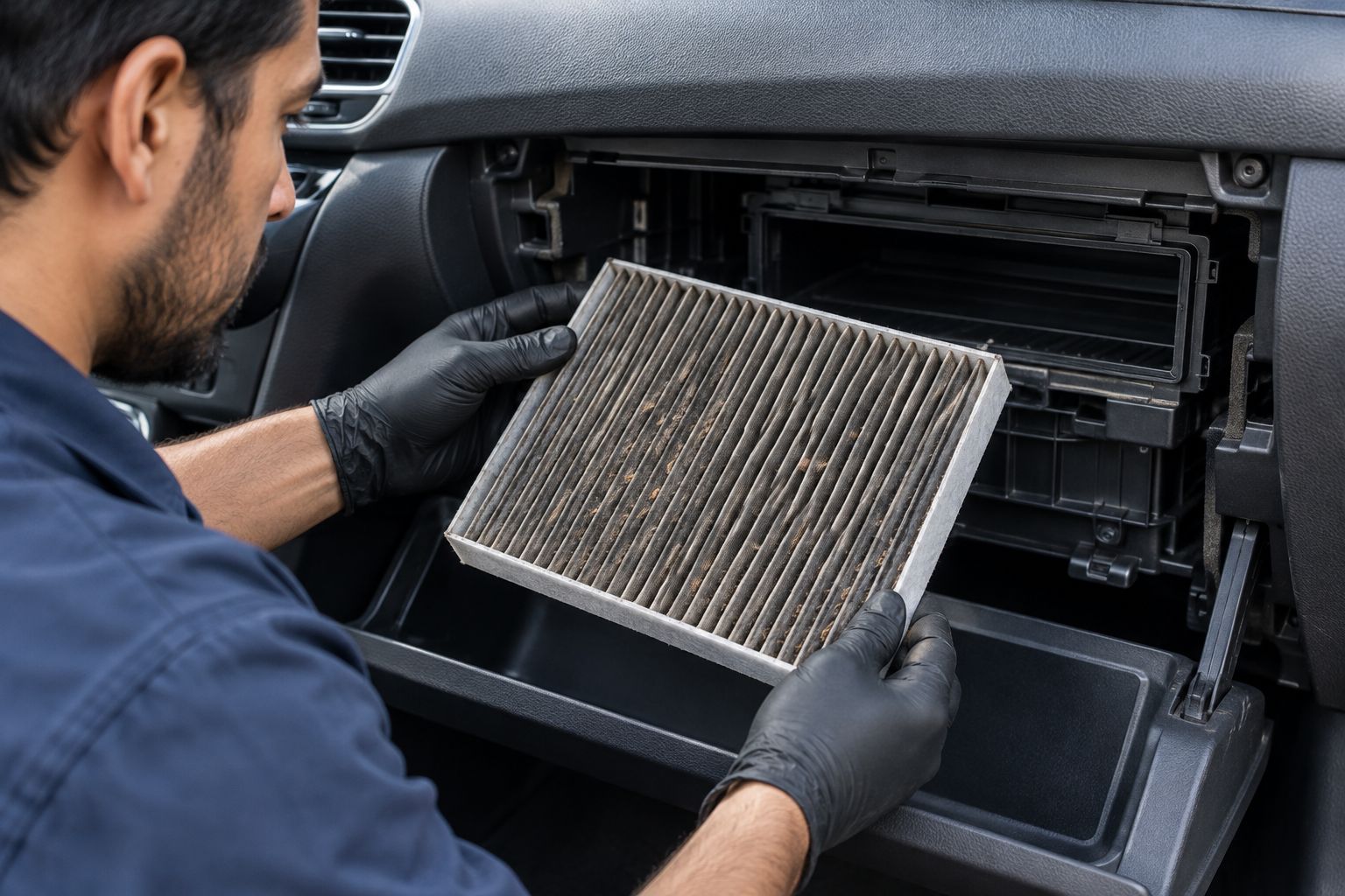 Dust collected in the pleats of a cabin air filter beside its open housing