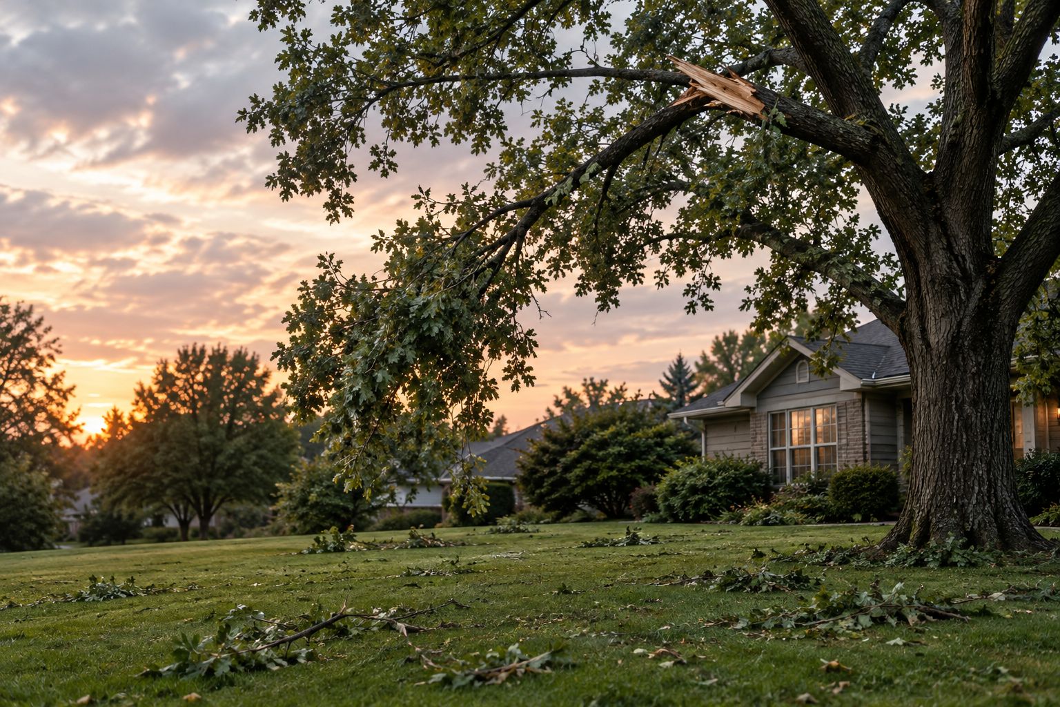 A broken branch caught overhead in a storm-damaged tree above scattered yard debris