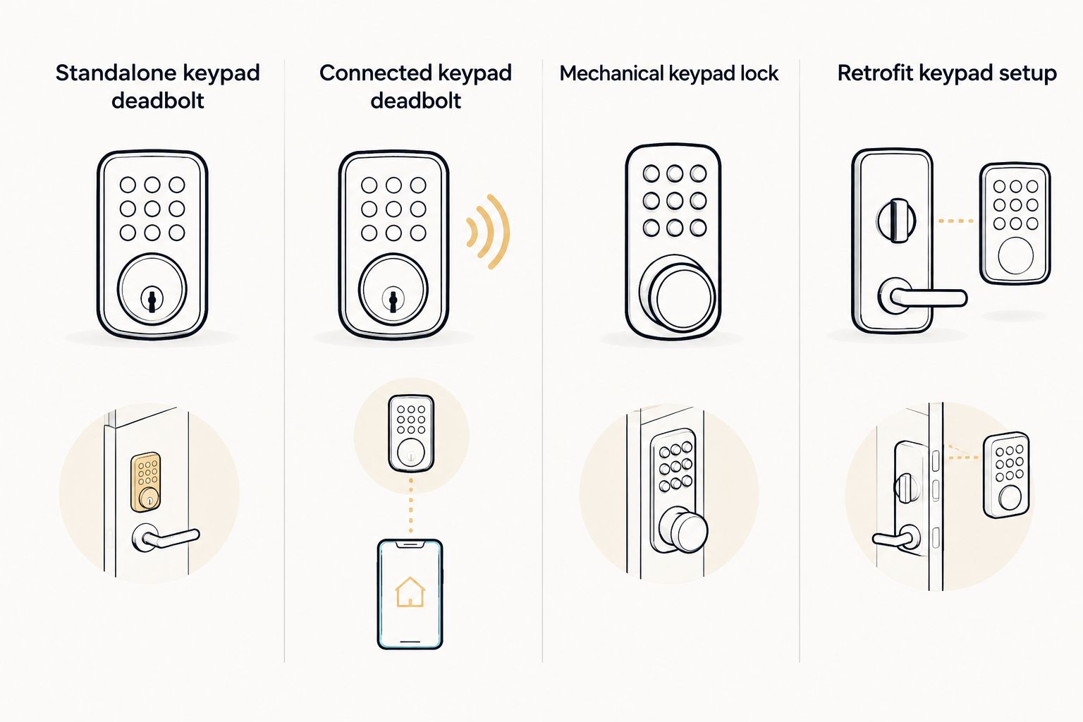 Four keypad lock configurations compared by their basic operating arrangement