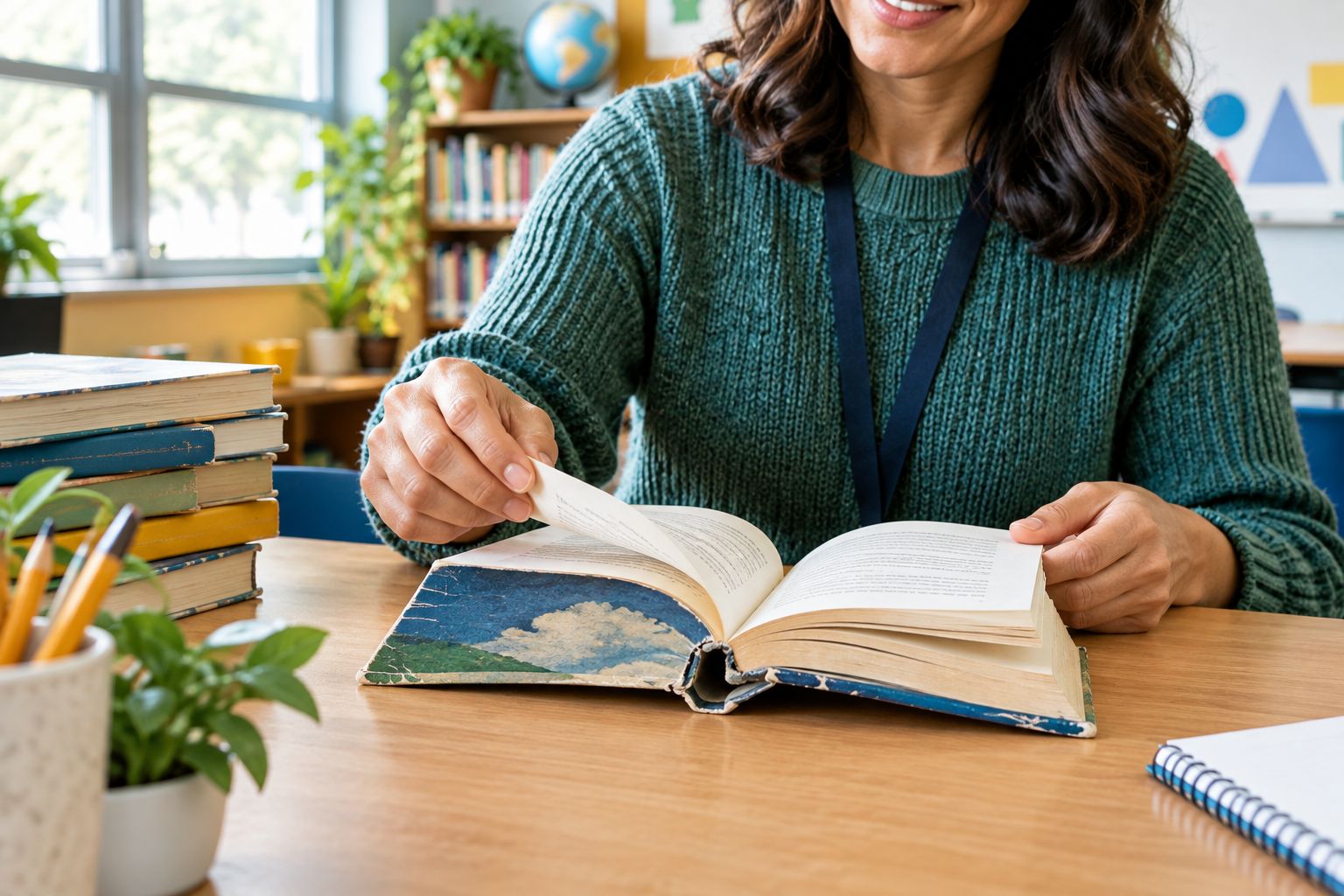 Hands checking the binding and pages of a used paperback on a classroom table