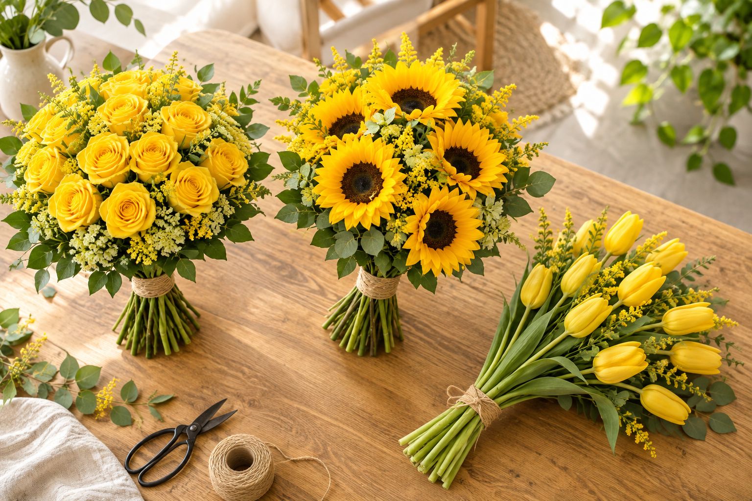 Yellow rose, sunflower and tulip bouquets showing rounded, broad and loose silhouettes