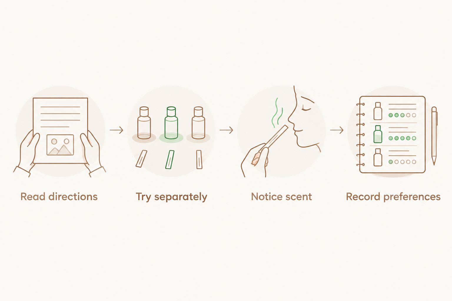 Four steps for evaluating perfume oil, from reading directions to recording preferences.