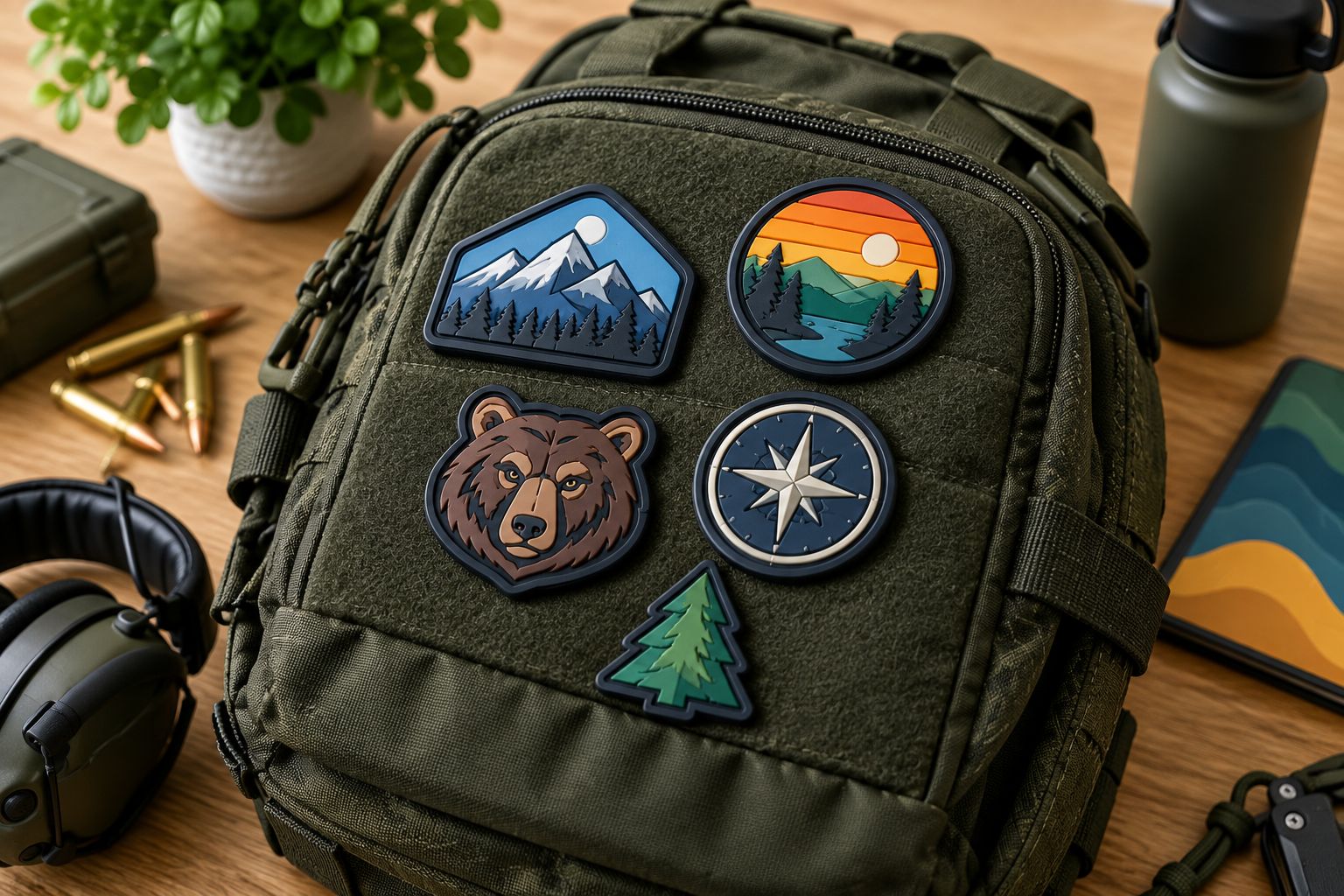 Molded PVC patches attached to a hook-and-loop panel on a range bag