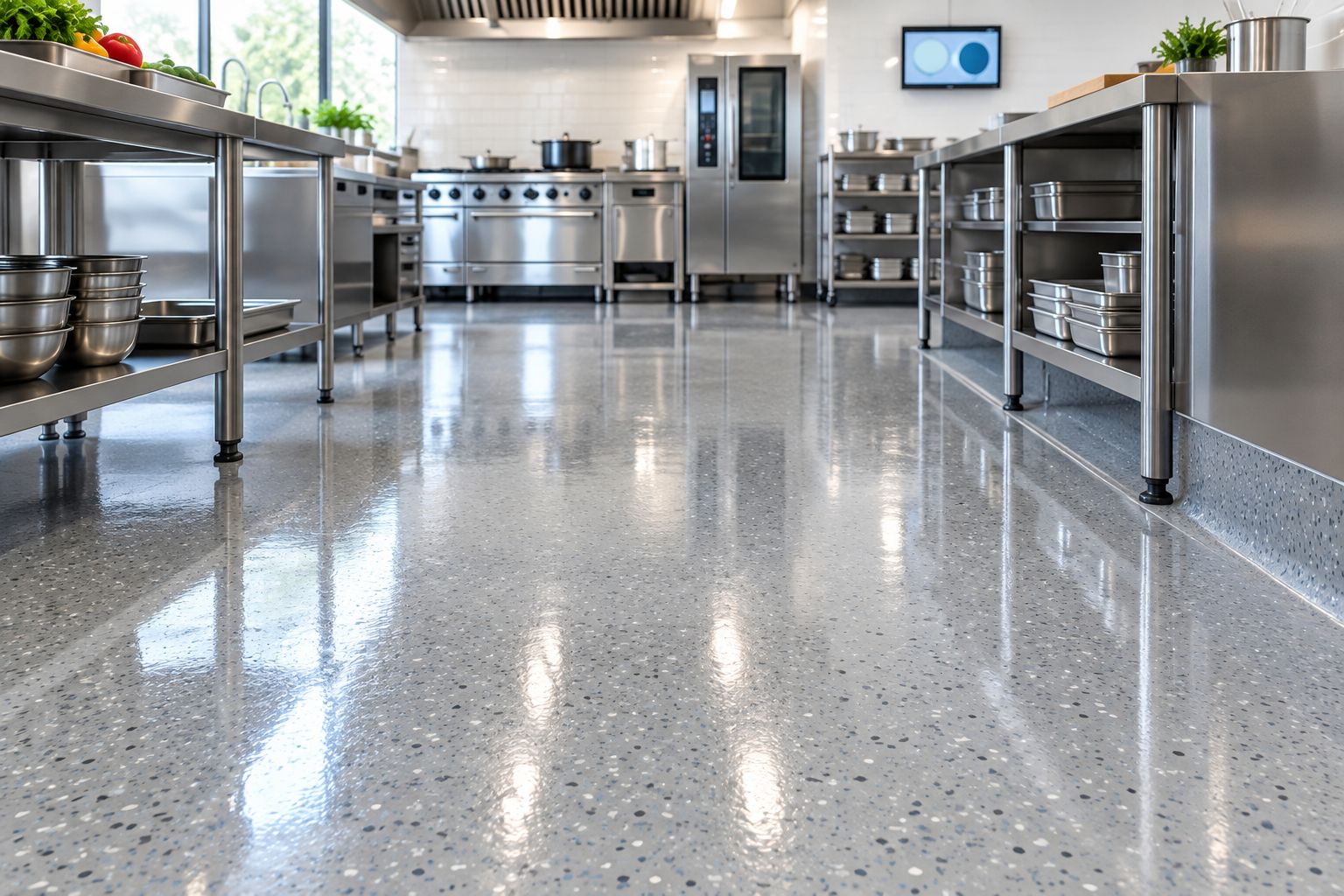 Decorative flake resin flooring beneath stainless steel preparation tables