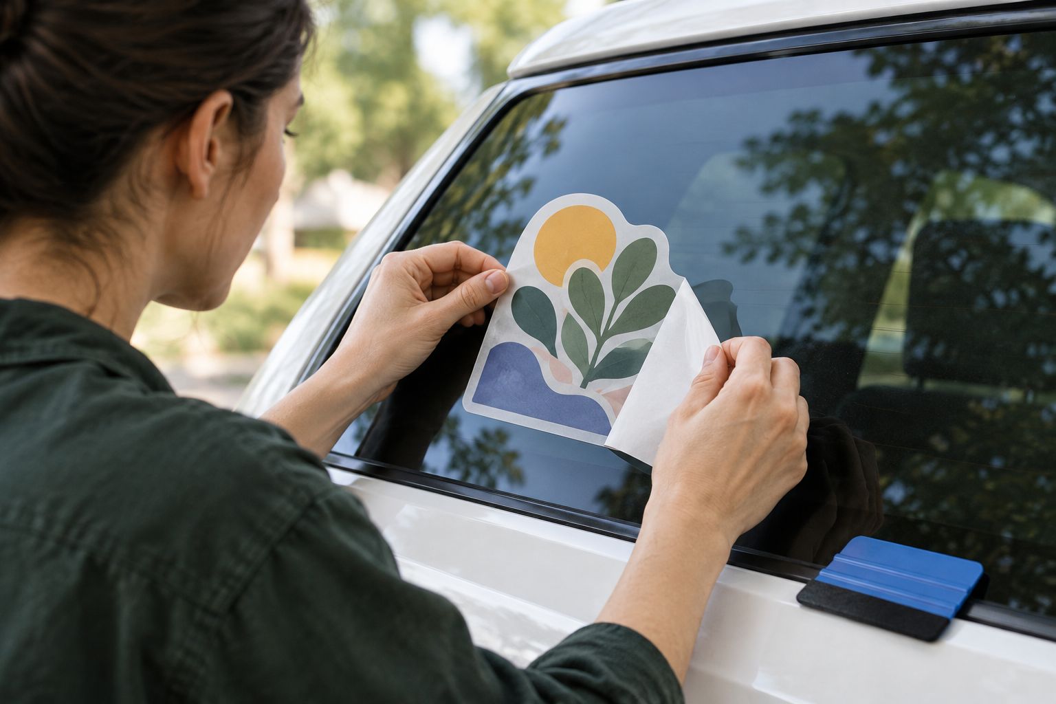 Hands positioning a vinyl decal on a car window