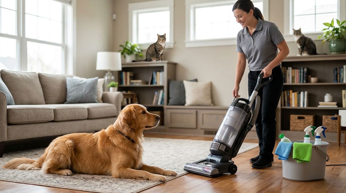 Can pets stay in the house during a cleaning visit?