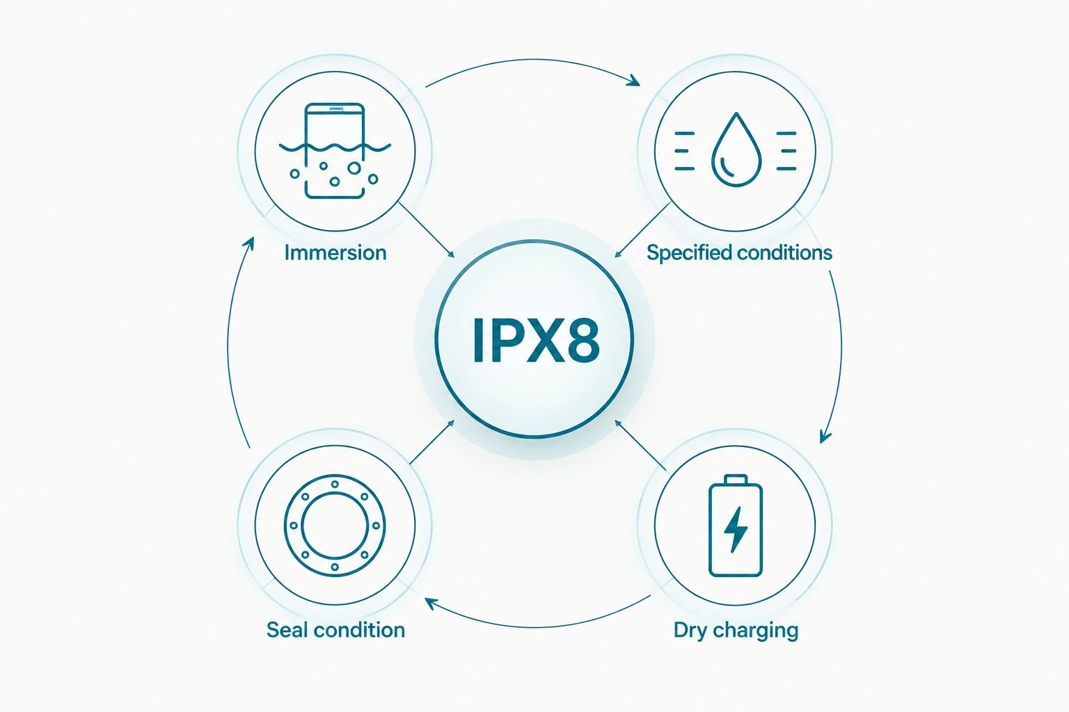 IPX8 diagram connecting immersion conditions, seal condition and dry charging