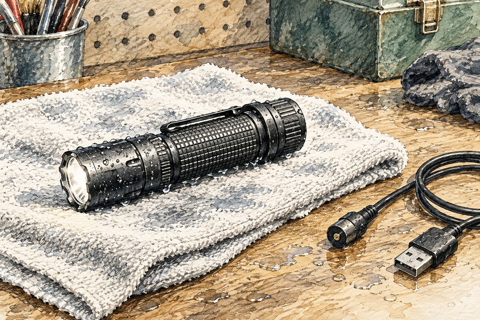 Compact torch drying on a cloth with its charging cable disconnected