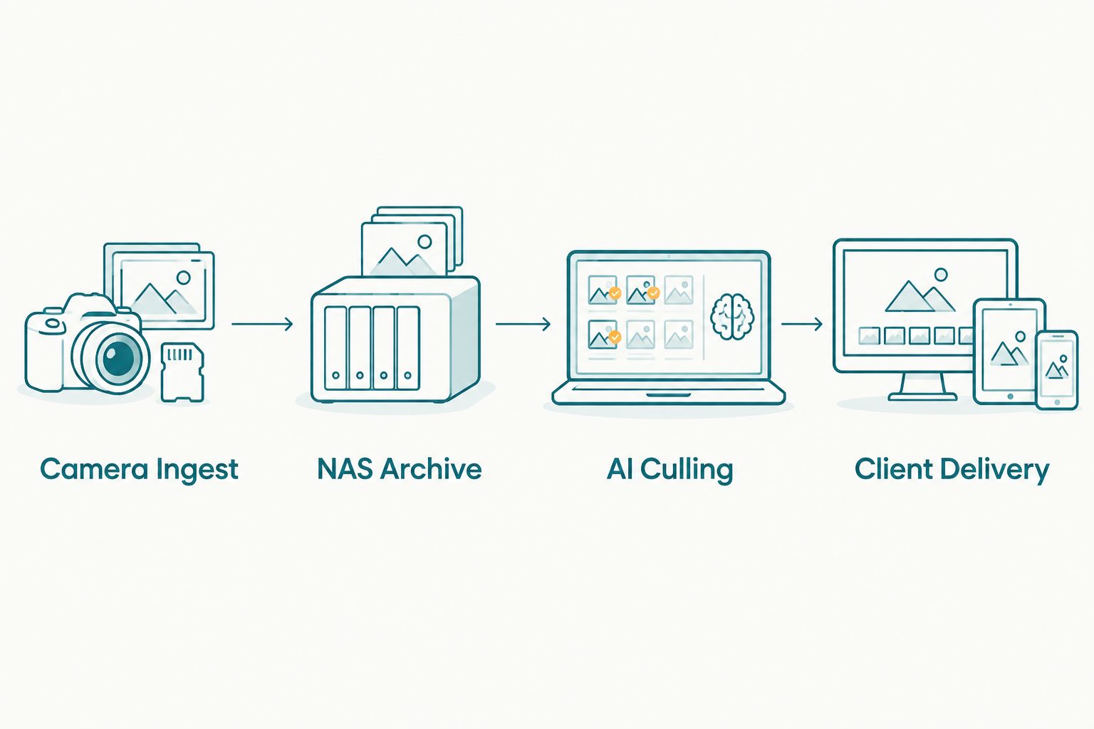Photography workflow from camera ingest through NAS storage and culling to client delivery