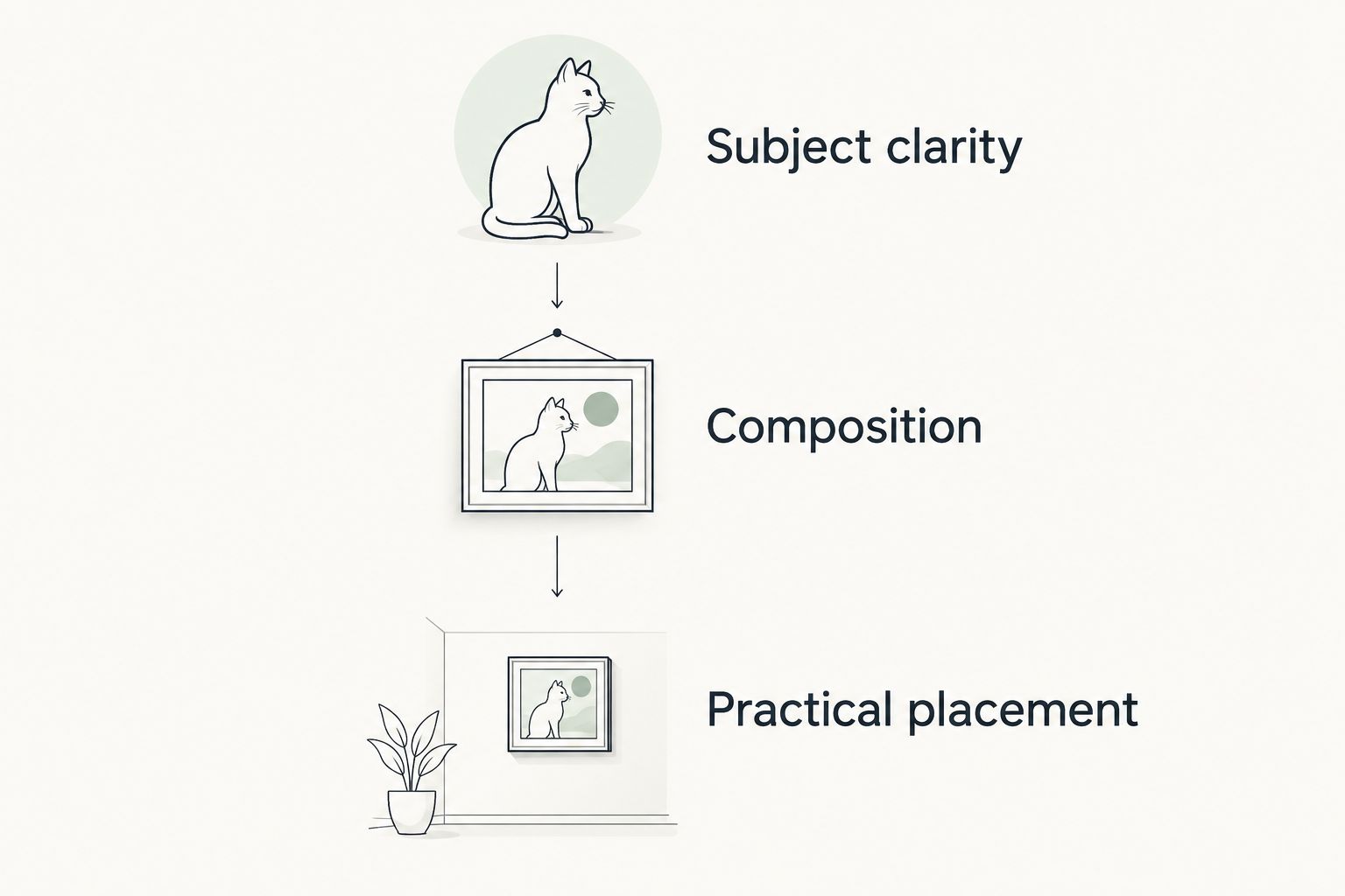 Three-step artwork selection sequence: subject clarity, composition, and practical placement