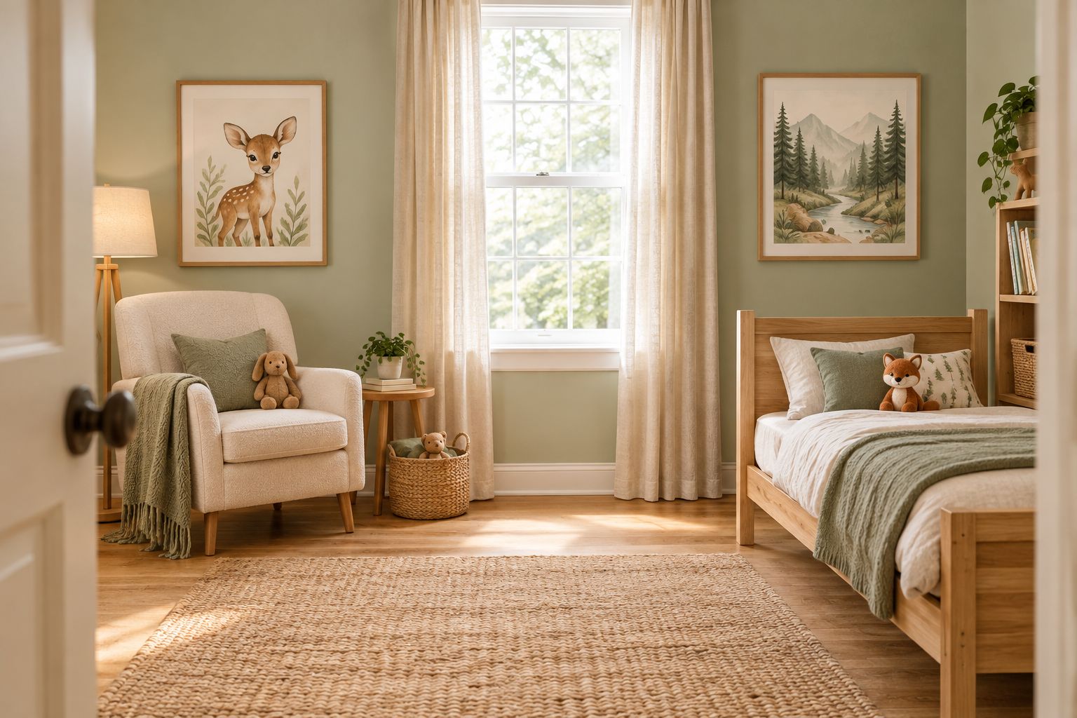 Woodland-themed kids room with a deer focal print and a separate forest landscape