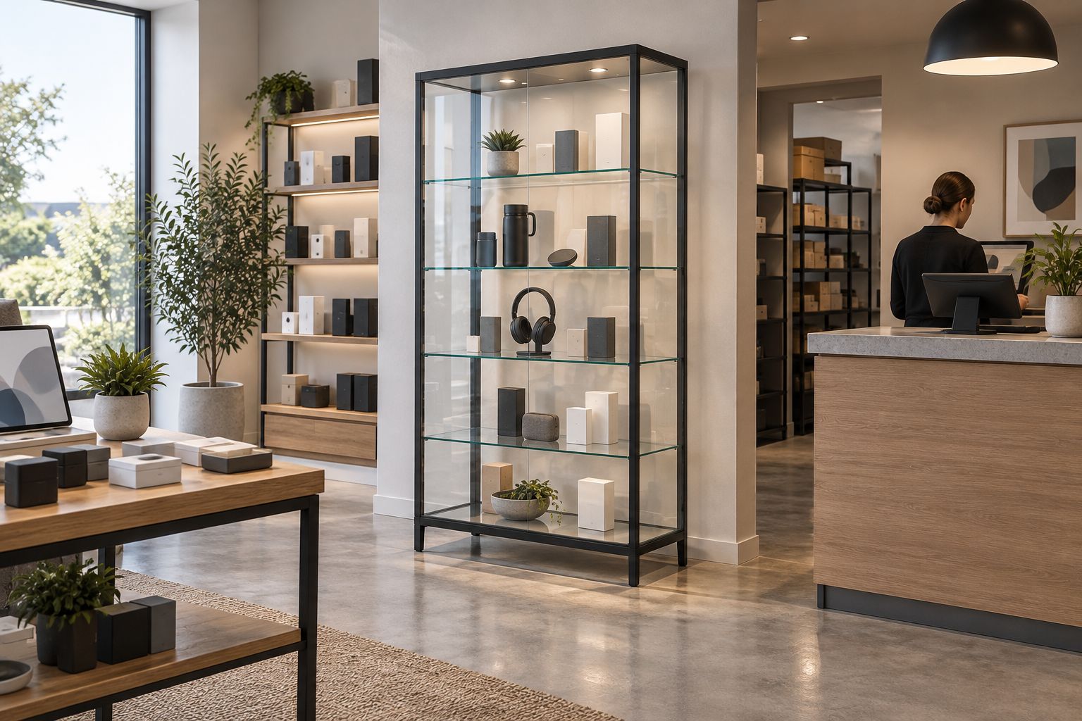 Glass retail showcase with spaced merchandise and clear customer and staff access